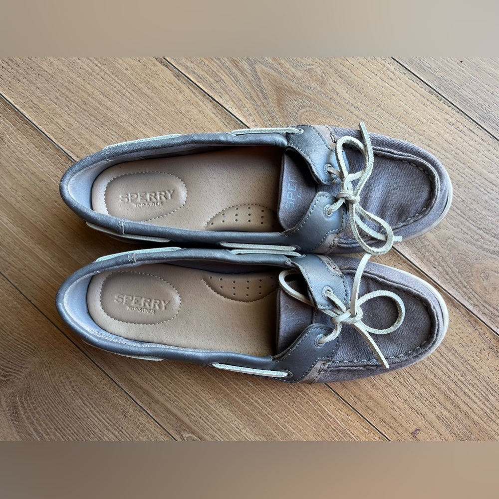 Sperry Top Sider Boat Shoes Women’s 8.5 Gray Canvas Leather Lace Up Casual